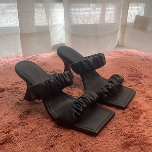 Black Square Toe Ruched Strap Heels